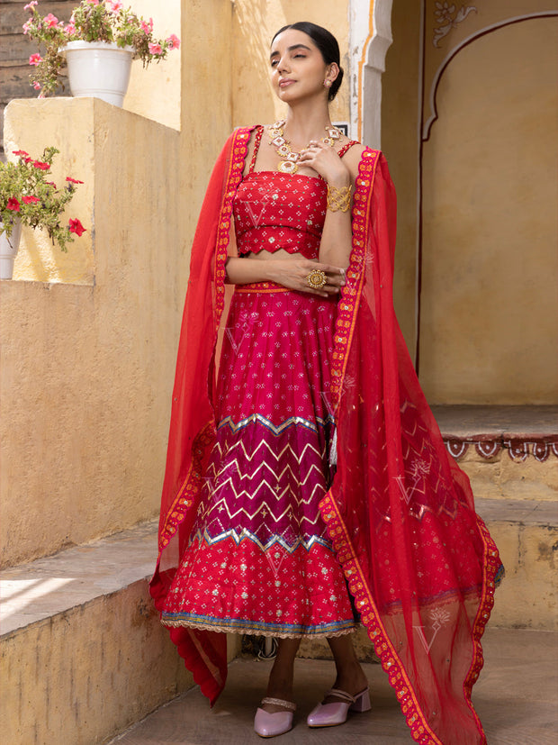 Red Vasansi Silk Chevron Short Lehenga