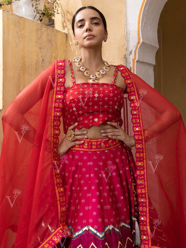 Red Vasansi Silk Chevron Short Lehenga