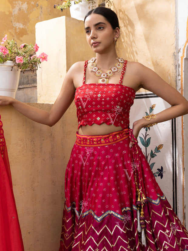 Red Vasansi Silk Chevron Short Lehenga