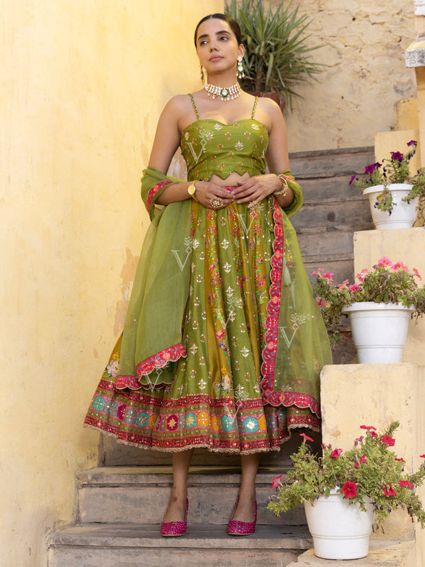 Green Vasansi Silk Short Lehenga