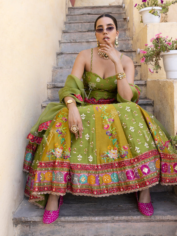 Green Vasansi Silk Short Lehenga