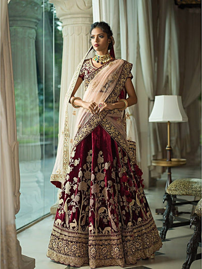 Maroon Velvet Lehenga