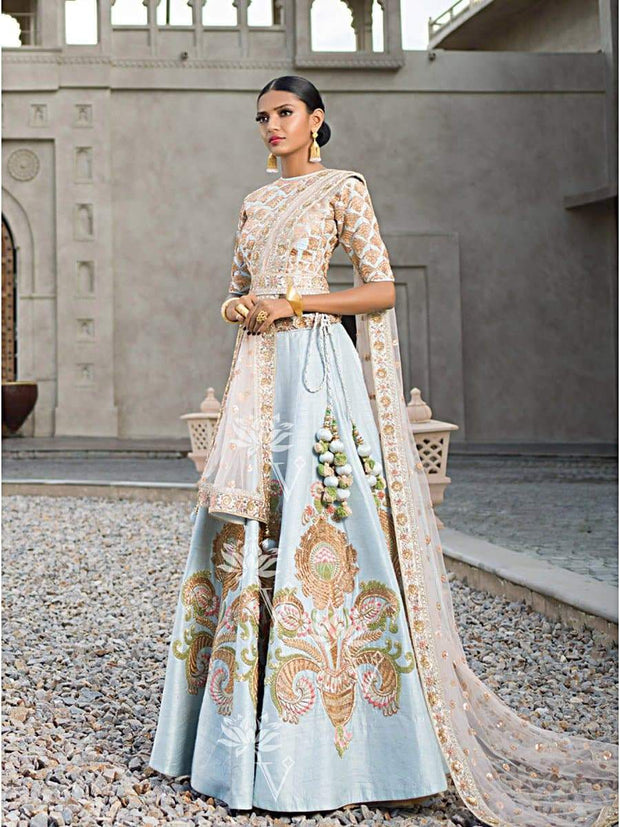 Aqua Blue Raw Silk Lehenga