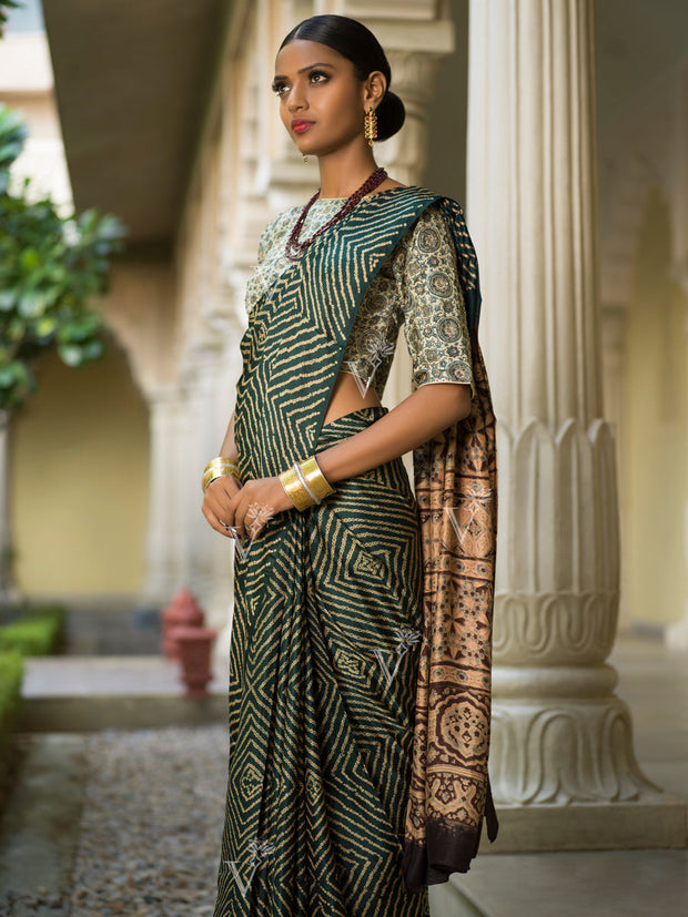 Deep Green Ajrakh Bandhani Saree