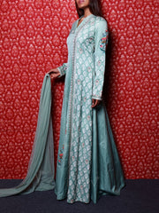 Aqua Blue Raw Silk Embroidered Anarkali Gown