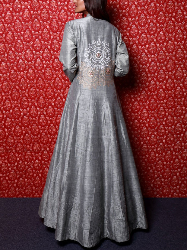 Silver Grey Raw Silk Embroidered Anarkali Gown