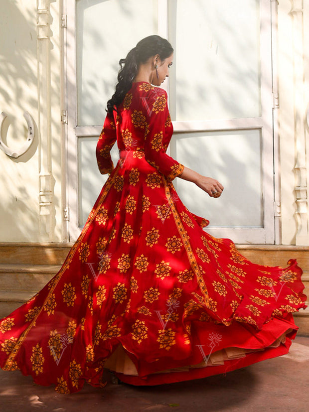 Red Vasansi Silk Printed Anarkali Gown