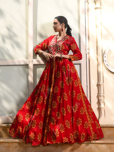 Red Vasansi Silk Printed Anarkali Gown