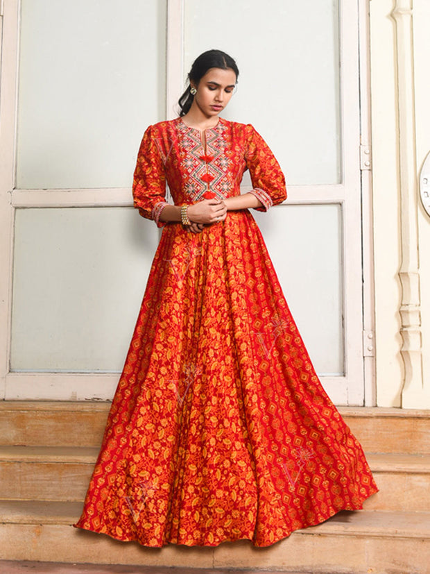 Red Vasansi Silk Printed Anarkali Gown