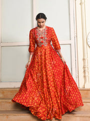 Red Vasansi Silk Printed Anarkali Gown