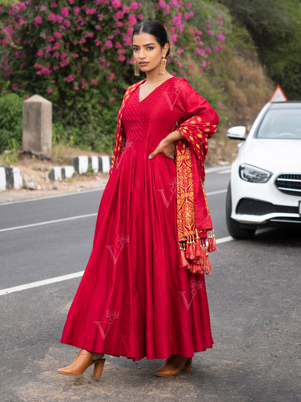 Red Vasansi Silk Anarkali Suit Set