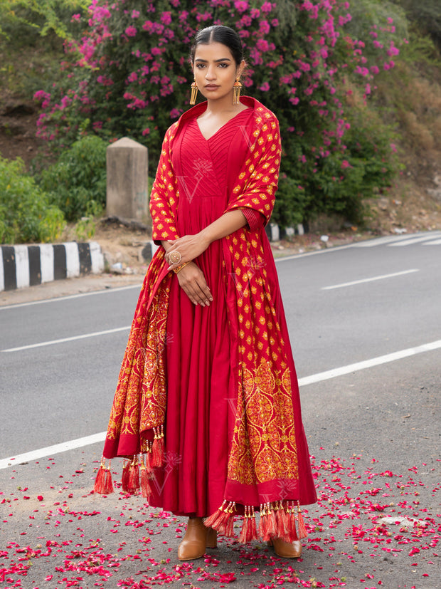 Red Vasansi Silk Anarkali Suit Set