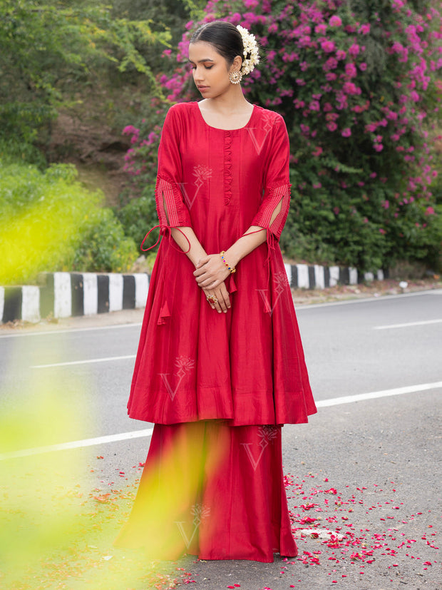 Red Vasansi Silk Anarkali Suit Set