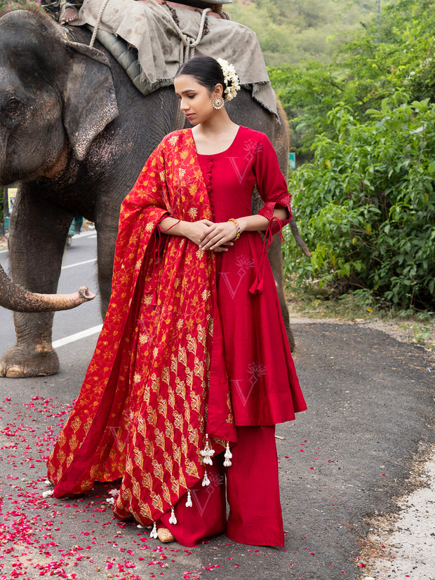 Red Vasansi Silk Anarkali Suit Set