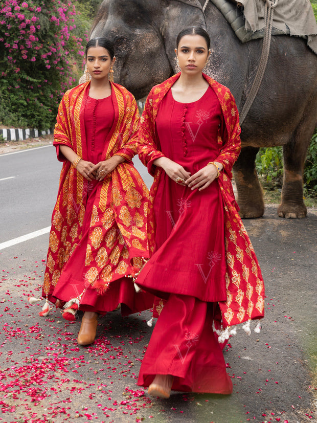 Red Vasansi Silk Anarkali Suit Set