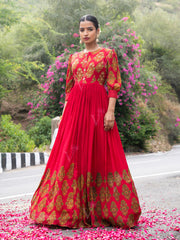 Red Vasansi Silk Printed Anarkali Gown