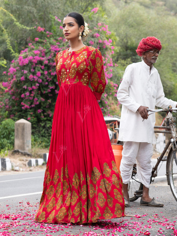 Red Vasansi Silk Printed Anarkali Gown