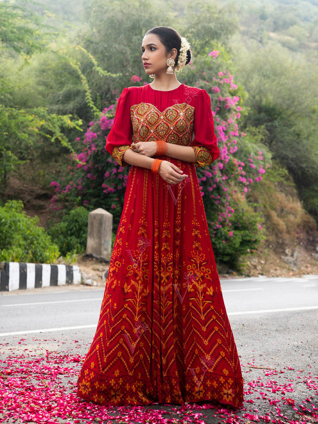 Red Vasansi Silk Printed Anarkali Gown