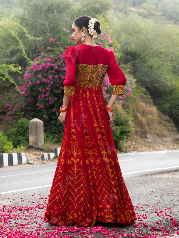 Red Vasansi Silk Printed Anarkali Gown