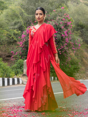 Red Vasansi Silk Pre-Drape Frill Saree