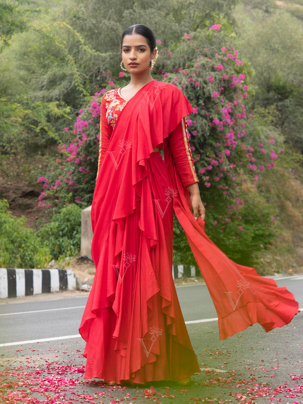 Red Vasansi Silk Pre-Drape Frill Saree