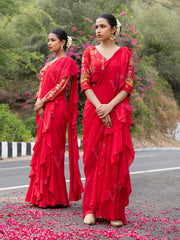 Red Vasansi Silk Pre-Drape Frill Saree