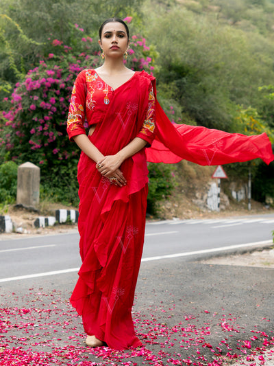 Red Vasansi Silk Pre-Drape Frill Saree