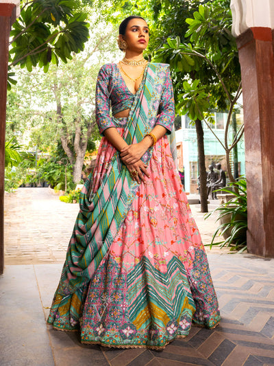 Enchanting Green and Peach Vasansi Silk Printed Lehenga Set