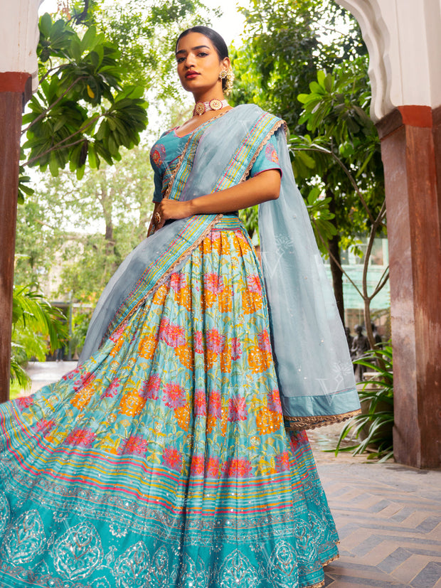 Blue Ombre Vasansi Silk Printed Lehenga Set