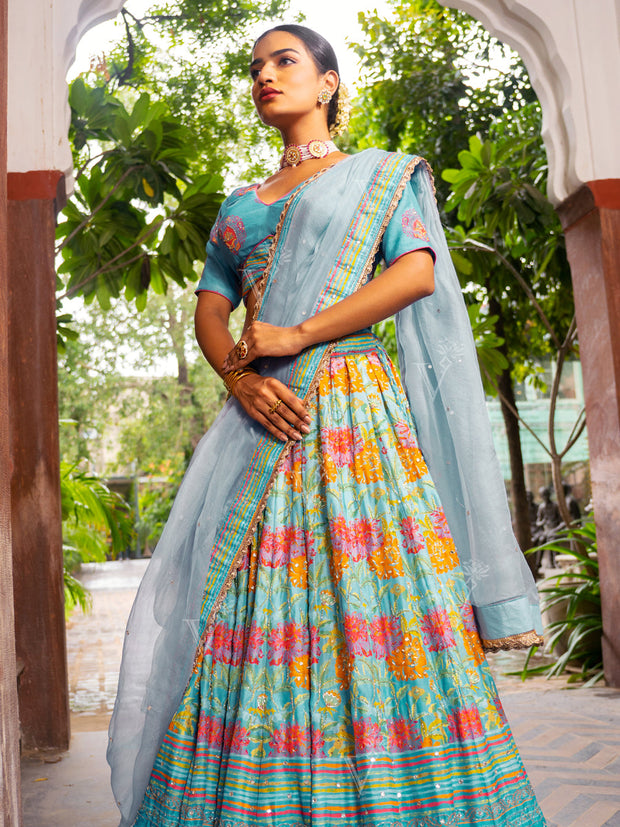 Blue Ombre Vasansi Silk Printed Lehenga Set