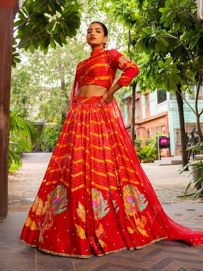 Radiant Red Vasansi Silk Leheriya Printed Lehenga Set