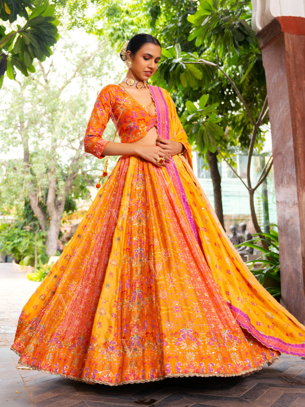 Yellow Vasansi Silk Printed Lehenga Set