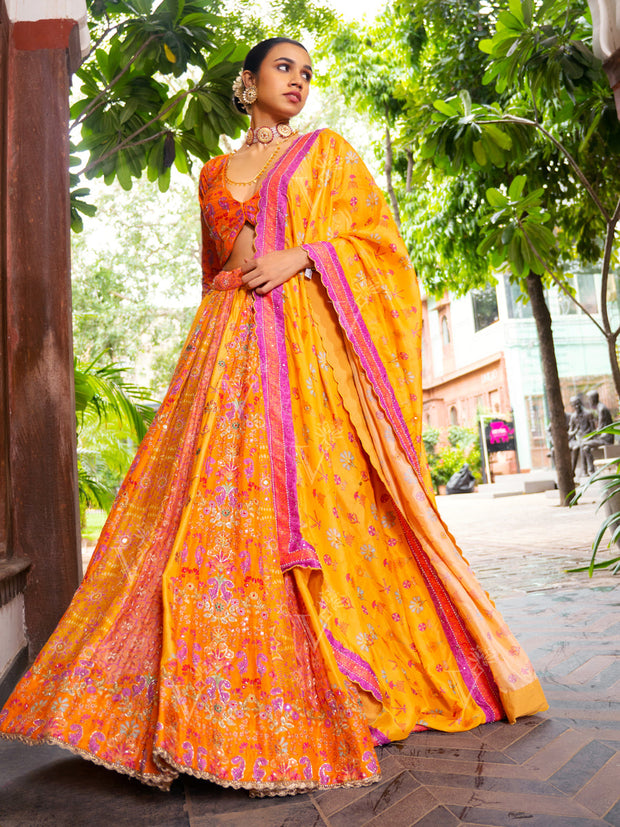 Yellow Vasansi Silk Printed Lehenga Set