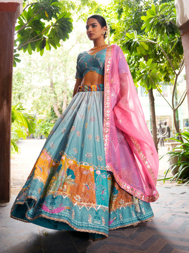 Blue Ombre Vasansi Silk Printed Lehenga Set