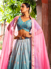 Blue Ombre Vasansi Silk Printed Lehenga Set