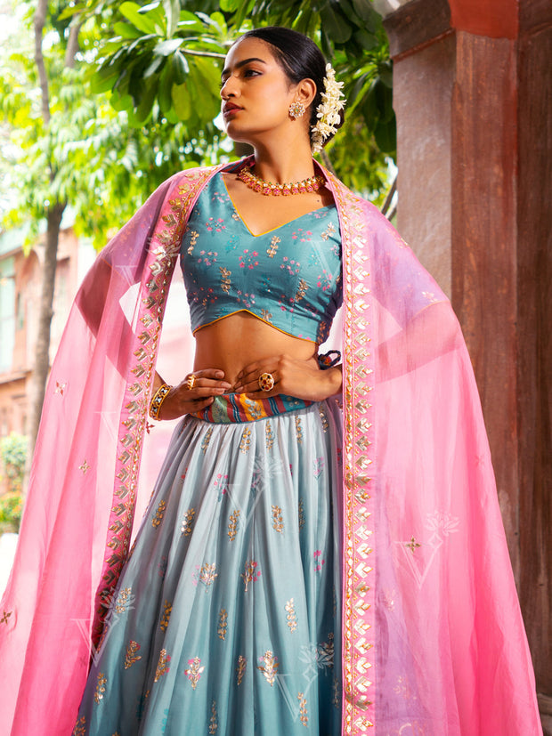 Blue Ombre Vasansi Silk Printed Lehenga Set