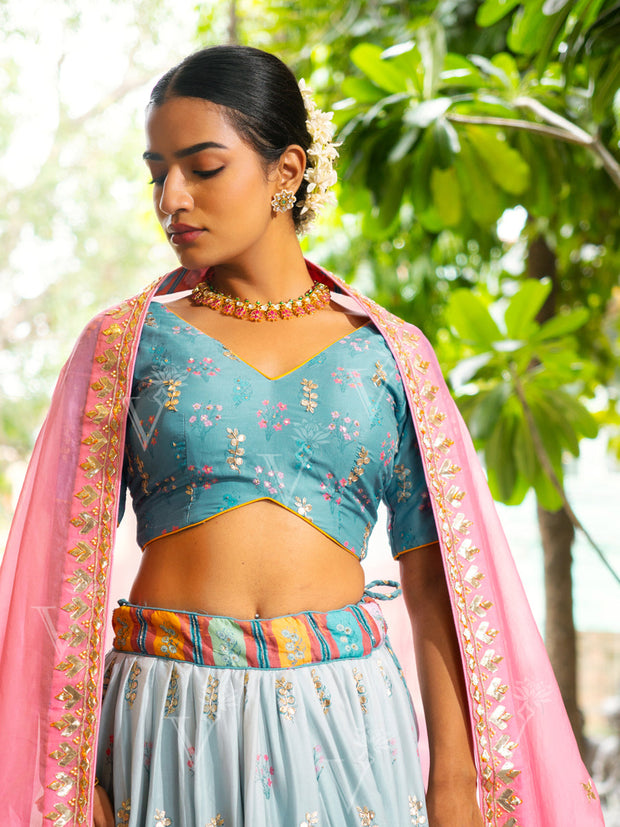 Blue Ombre Vasansi Silk Printed Lehenga Set