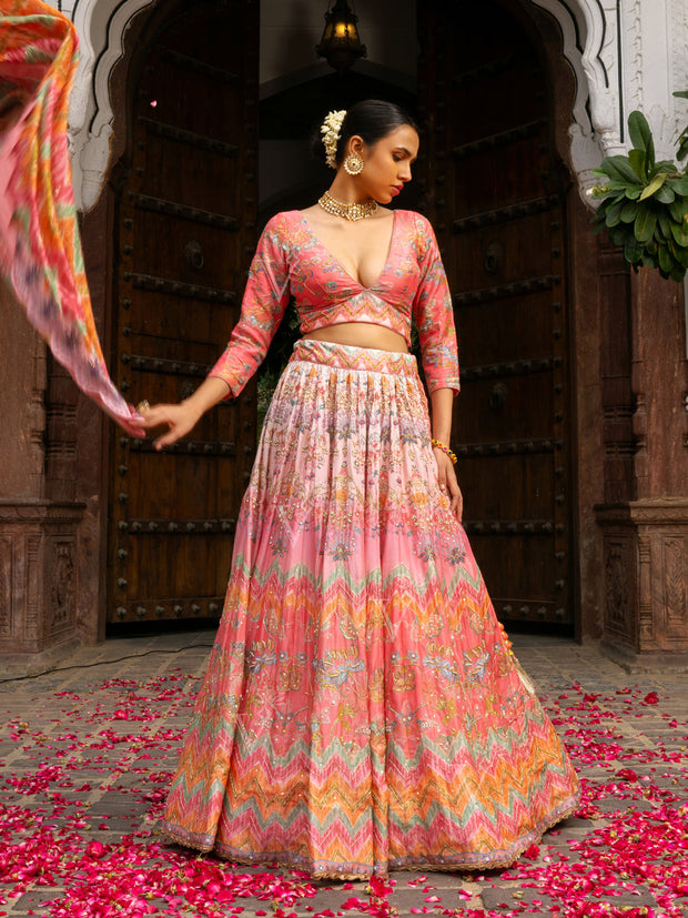 Peach Ombre Vasansi Silk Printed Lehenga Set