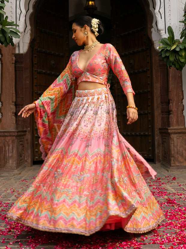 Peach Ombre Vasansi Silk Printed Lehenga Set