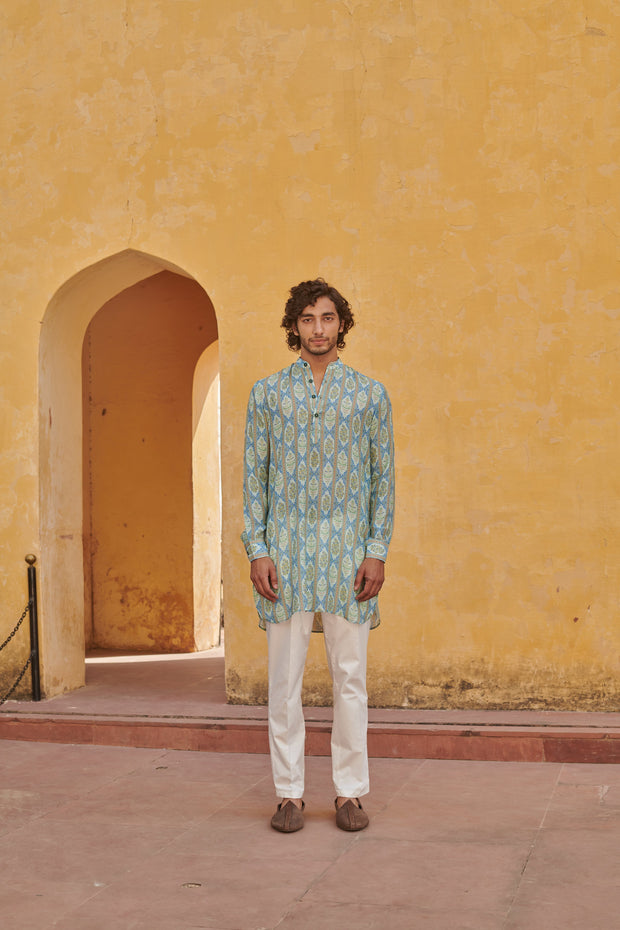 Lime Blue Floral Ganganagery Kurta