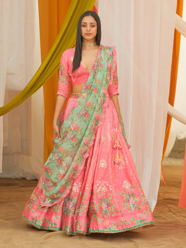 Pink Vasansi Silk Printed Lehenga Set