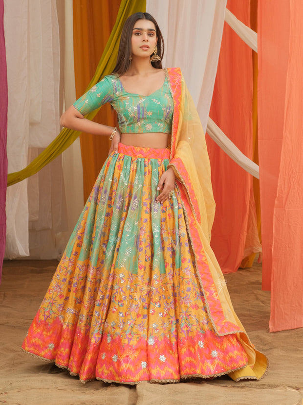 Green and Yellow Vasansi Silk Lehenga Set