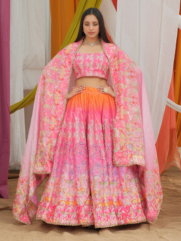 Pink and Orange shaded Printed Lehenga Set