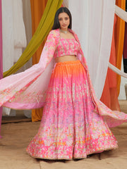 Pink and Orange shaded Printed Lehenga Set