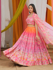 Pink and Orange shaded Printed Lehenga Set