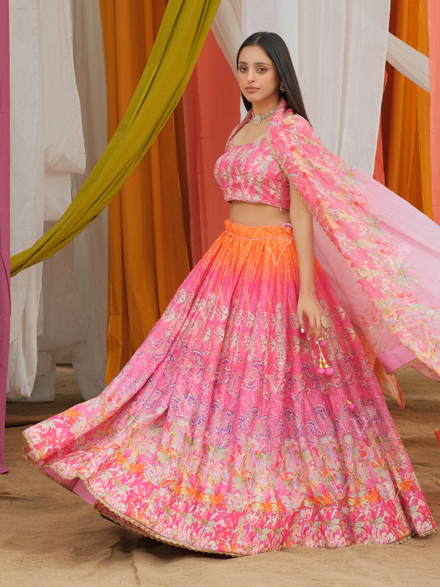 Pink and Orange shaded Printed Lehenga Set