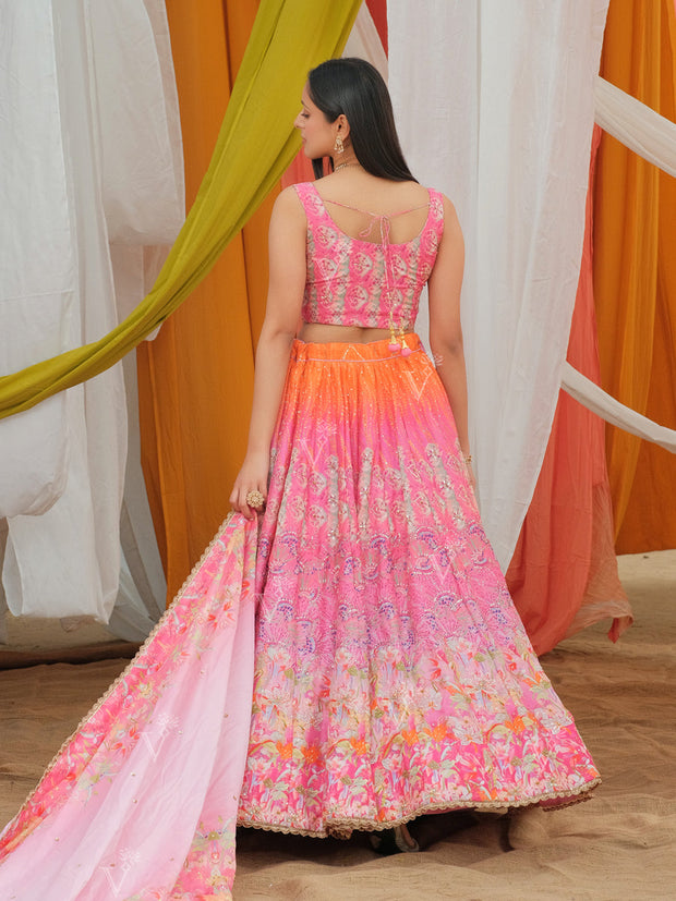 Pink and Orange shaded Printed Lehenga Set