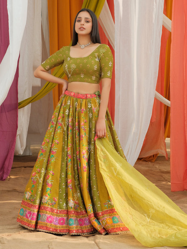 Olive Green Vasansi Silk Printed Lehenga Set