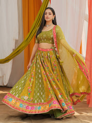 Olive Green Vasansi Silk Printed Lehenga Set