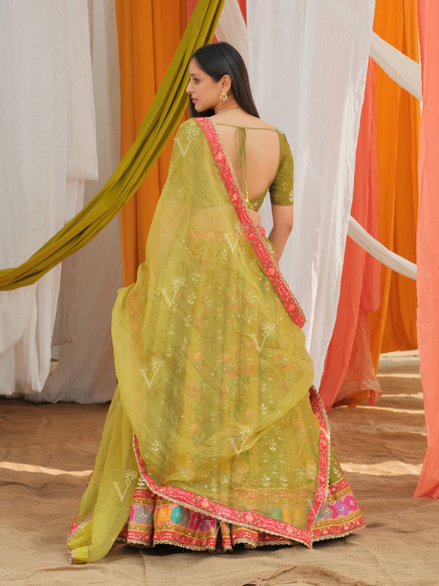 Olive Green Vasansi Silk Printed Lehenga Set